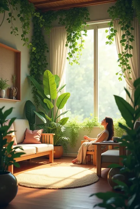  indoors, soft lighting, plants in background, window with sunlight, cozy room, intricate details, warm colours 