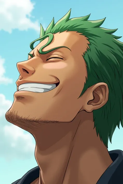 Zoro Frome one piece, face looking up at the sky, eyes closed, with the smile of freedom, a lil lone hair then usule 