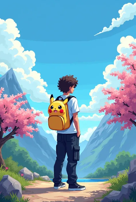 YouTube channel banner,theme pixelated blue sky with clouds,and a guy with curly hair,black cargo pants,white t shirt with a ganger Pokemon backpack.angle is the character in middle photo taken from back side and about 8feet away,more back and a little hig...