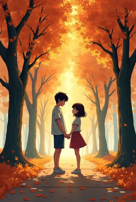 The autumn season as an album cover, Related to heartbreak and a couple of a boy and a girl who are a little insecure about their relationship, under trees that are dropping their leaves and in a park, anime style and they are teenagers