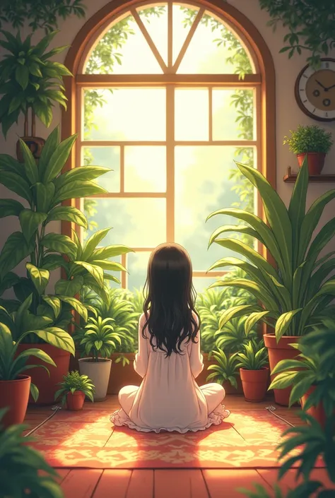 indoors, soft lighting, plants in background, window with sunlight, cozy room, intricate details, warm colours,anime