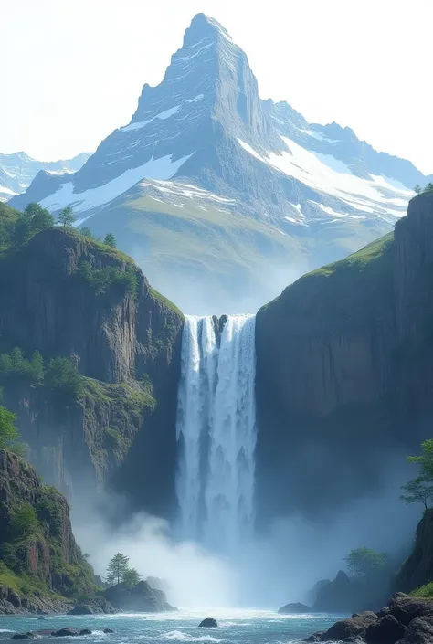 Picture of a mountain with a tall waterfall, Split into two directions, (best quality,4K,8ก,height,Masterpiece:1.2),Very detailed,(realistic,photorealistic,photo-realistic:1.37),Serene atmosphere,white background, no background