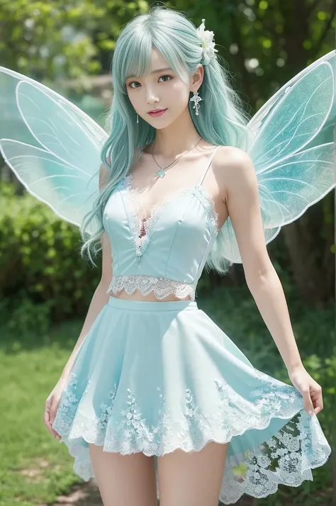 (((masterpiece))), ((photo realistic:1.5)), (full body:1.3), ((one cute young japanese fairy)), (flat chest:1.3), 12 Talents, Fantasy, (broad jawline:1.5), puffy face,no makeup, (light blue mint green and light silver hair:1.1), (Ankle-length hair:1.3), (m...