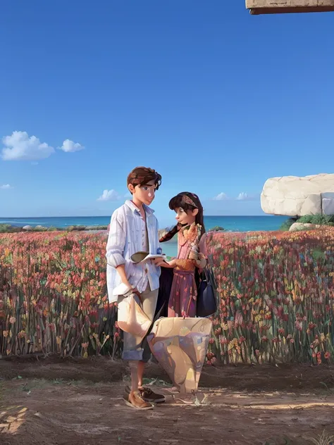 A movie poster inspired by Disney Pixars unique digital art style. Young man with young woman in summer environment. The background should be rich in vibrant colors, complemented by meticulous textures reminiscent of Pixars renowned animations.