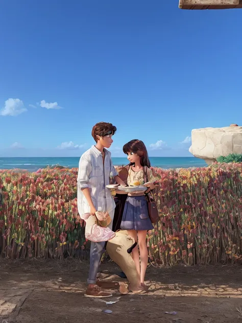 A movie poster inspired by Disney Pixars unique digital art style. Young man with young woman in summer environment. The background should be rich in vibrant colors, complemented by meticulous textures reminiscent of Pixars renowned animations.