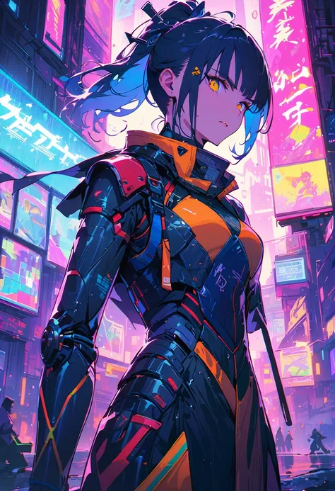 (best quality), (ultrafein), (​masterpiece), Illustration, a girl,China-Samurai,cyberpunk, （cyberpunk，Samurai-Costume，Cybernetic implants), (moving towards the viewer, looks down towards the viewer, low angle view), ponytail, Hair Accessories, bright colou...