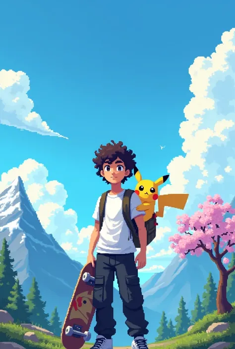 YouTube channel banner,theme pixelated blue sky with clouds,and a guy with curly hair,black cargo pants,white t shirt with a ganger Pokemon backpack.angle is the character in middle photo taken from back side and about 8feet away,more back and a little hig...