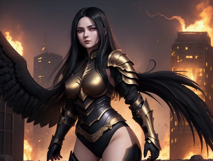 1girl, 1black phoenix, long black hair, purple eyes, wearing black and gold skimpy armour, city on fire, absurdres, high res, ultrasharp, 8K, masterpiece, looking at viewer