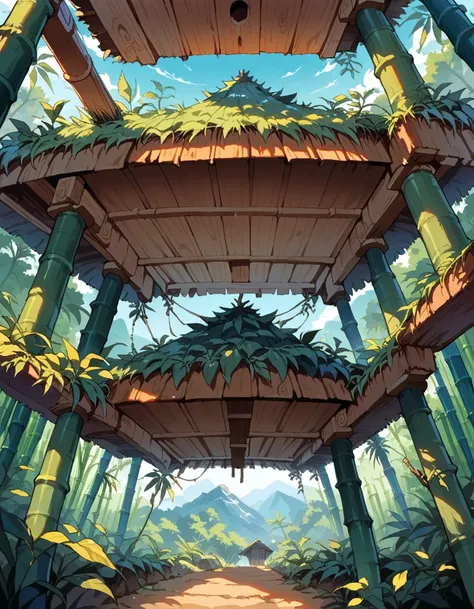 score_9, score_8_up, score_7_up, source_anime, bamboo hut in on the mountain while is surrounded by trees, different angles of v...