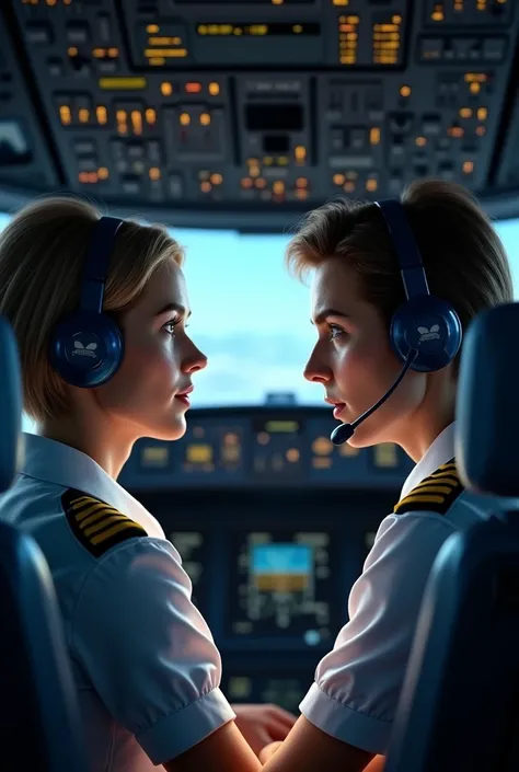 Generates an image of a crew member communicating with another crew member on the plane through intercoms