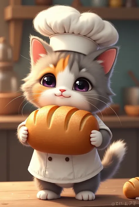 Kitten with grey fur, orange and white , offering a large loaf of bread in a chef&#39;s uniform ,all style soon 