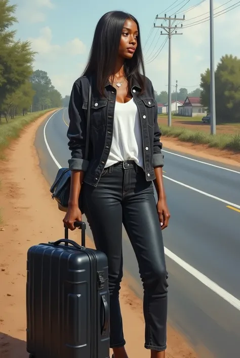 Realistic paint. A beautiful African woman with a long straight hair wearing a white shirt and a black jean trouser revealing her hips and a black jean jacket holding a black suitcase and a black handbag standing on near the express road looking for a car