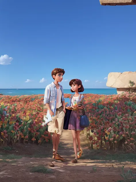 A movie poster inspired by Disney Pixars unique digital art style. Young man with young woman in summer environment. The background should be rich in vibrant colors, complemented by meticulous textures reminiscent of Pixars renowned animations.