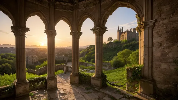 Depict a weathered, crumbling castle on a hill, bathed in the soft light of a setting sun. Vines and ivy overgrow the stone walls, and the remnants of a grand hall can be seen through broken arches. The atmosphere is one of quiet nostalgia, evoking a sense...