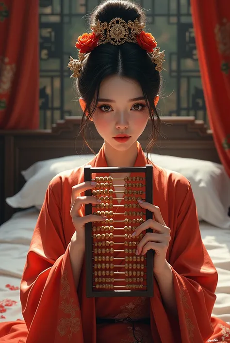 Drawing a portrait drawn on an iPad. A woman in an ancient Chinese costume, holding an abacus, a beautiful, sly face, sharp eyes, a good figure, no need to draw too realistically. An ancient Chinese novel cover, the background is an ancient Chinese bed.