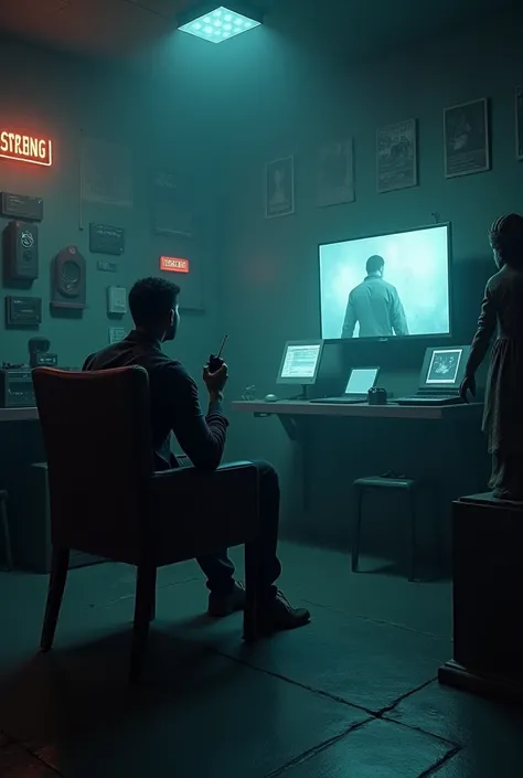 Anjaam Pathira movie psycho home with 7 hacking devices and a chair and statue of blind law in table. a man sadly sit in front of the table in a chair with a wakitaki and see the wall cctv screen. img taken from left side. need dark smoky background. 