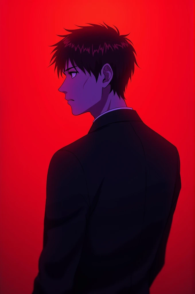 A man showing their back with red background and hidden face with violet colour with logo of capcut anime image 