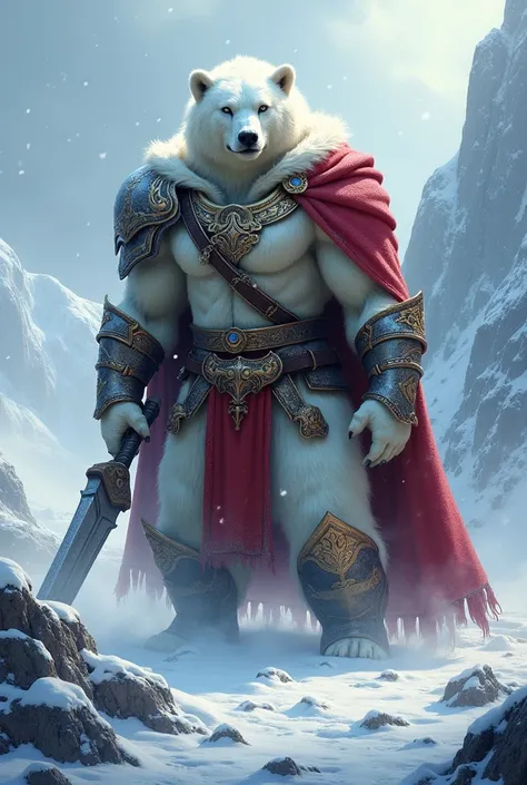 a picture of an an anthro white bear warrior, armed with an spear (intense details, Masterpiece, best quality: 1.5), wearing heavy armor (intense details, Masterpiece, best quality: 1.5), rich white fur, wearing  red cloak, billowing red cloak, arctic back...