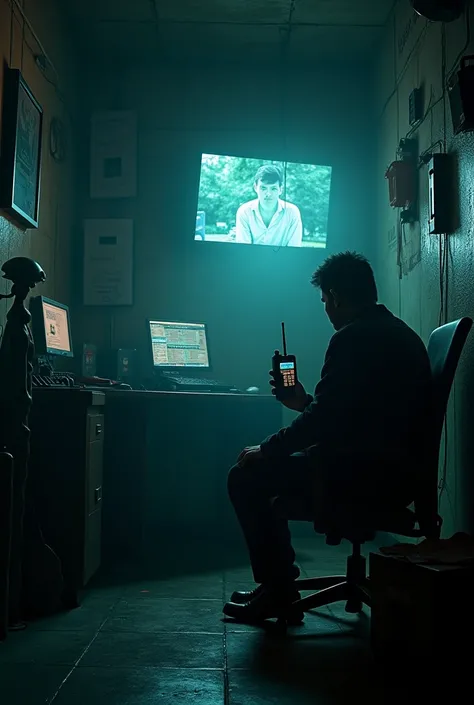 Anjaam Pathira movie psycho home with 7 hacking devices and a chair and statue of blind law in table. a man sadly sit in front of the table in a chair with a wakitaki and see the wall cctv screen. img taken from left side. need dark smoky background. 