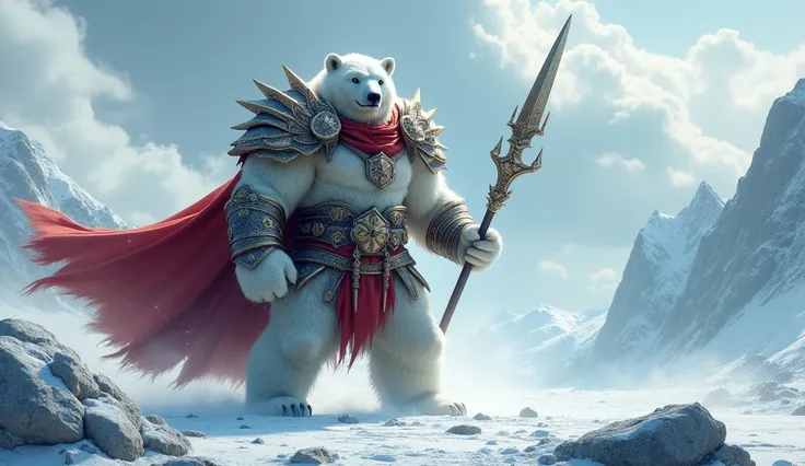 a picture of an an anthro white bear warrior, armed with an spear (intense details, Masterpiece, best quality: 1.5), wearing heavy armor (intense details, Masterpiece, best quality: 1.5), rich white fur, wearing red cloak, billowing red cloak, arctic backg...