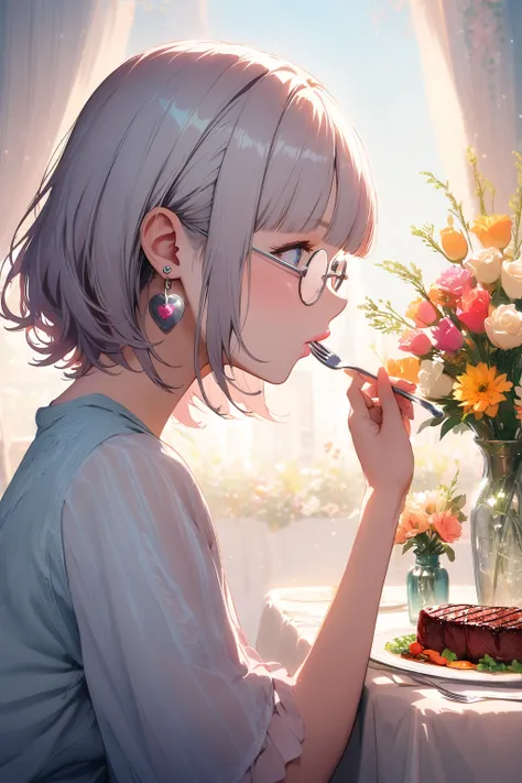 (extremely detailed fine touch:1.3), Vibrant colors, Soft tones, With warm and gentle lighting, girl, solo, (((silver semi-rimless round eyewear:1.3))), short hair, blunt bangs, heart earring, profile, tablecloth, dice steak, sucking fork, pink lips, vase ...