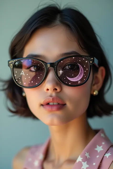 The model is wearing glass sunglasses with stars and the moon on the glass