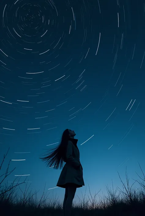 long exposure starry sky with many circular orbits, focus at stars,silhouette of a young woman with long hair with her hands in her coat pockets looking up at it,golden ratio