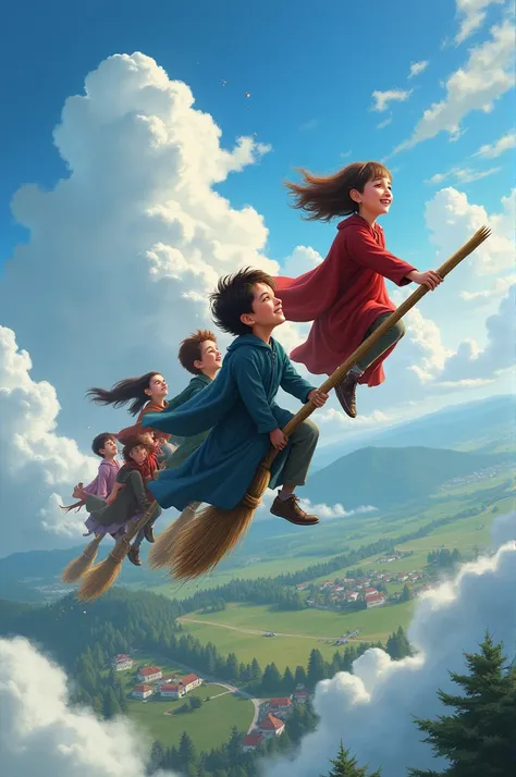 students riding a broom into the sky