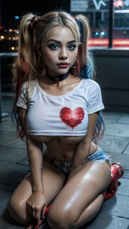 asian harley quinn bimbo women ,bronze tan,chubby cheeks, pouting lips, big fake tits ,big blue eyes , narrow waist,big bubble b...