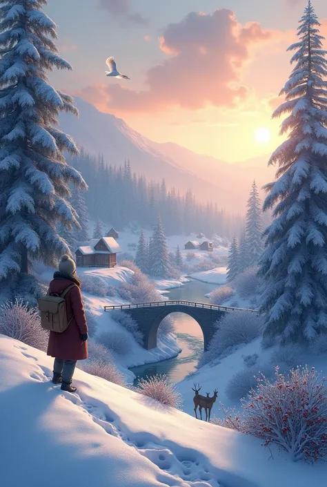 The theme of the drawing is「Magnificent and dreamy snow scenery」is。The scene is set in a soft dawn light that sparkles off the pure white snow.。The towering pine forests are covered with silvery frost、Gently swaying in the wind。In the background is a rolli...