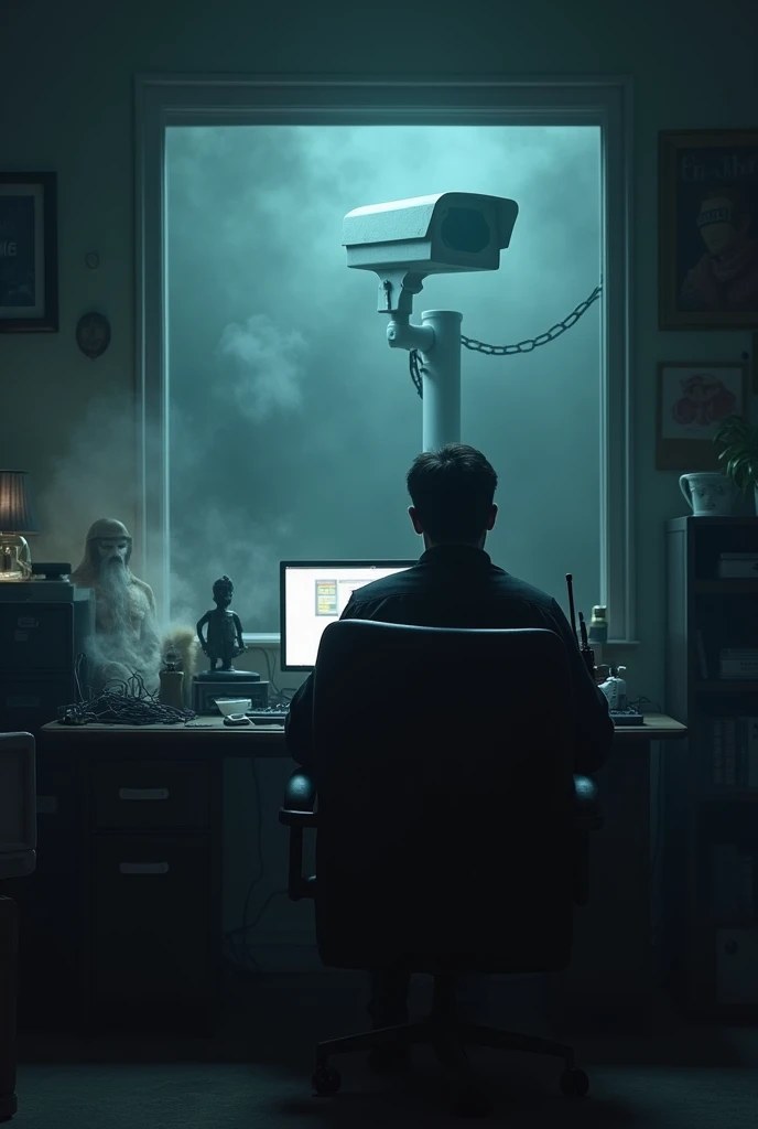 Anjaam Pathira movie psycho home with hacking devices and a chair and statue of blind law in table. a man sadly sit in front of the table in a chair with a wakitaki and see the wall cctv screen showing city traffic. img taken from left side. need dark smok...