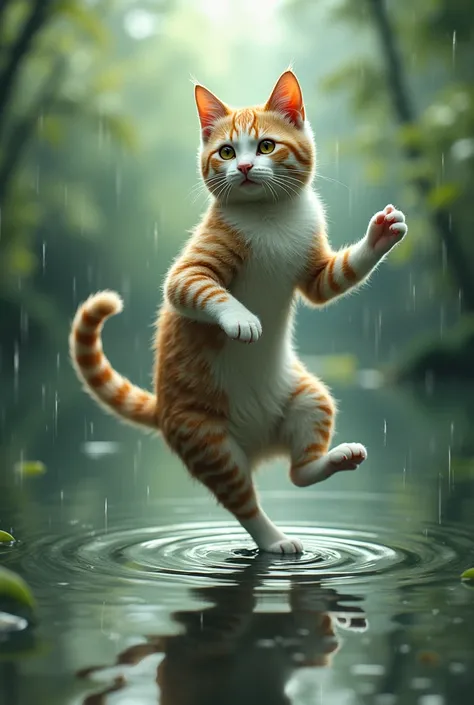 A human like figure made of cats dancing on a water, forest rain background
