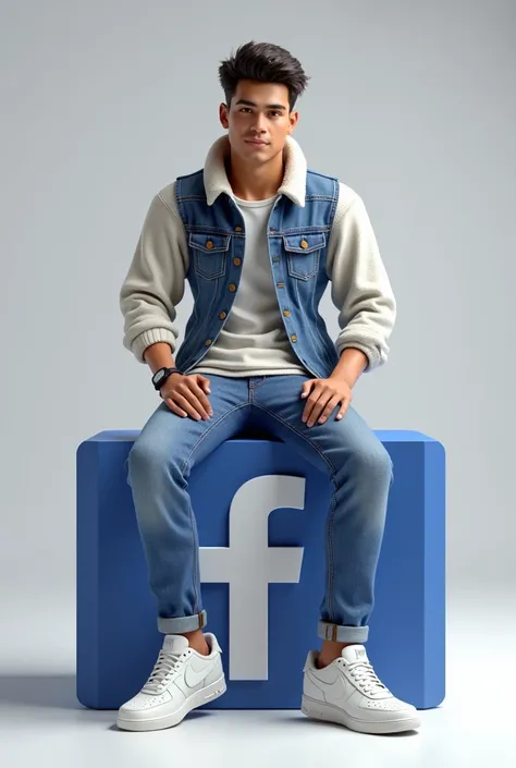 créez une illustration 3D dun personnage aimée Assis de manière décontracté au-dessus dun logo de media social « Facebook » le personnage doit porter des vêtements moderne et décontracté quune veste en jean et des chaussures de sport Nike air de couleur bl...