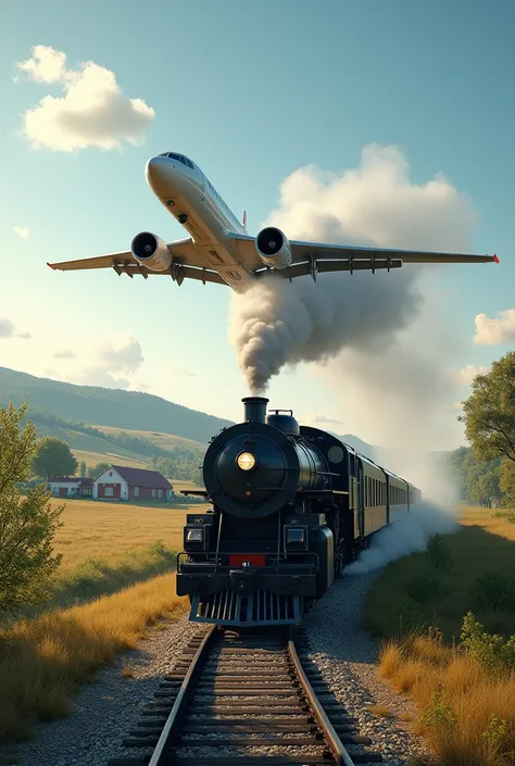 A train is going on the track and a airplane is flying over it