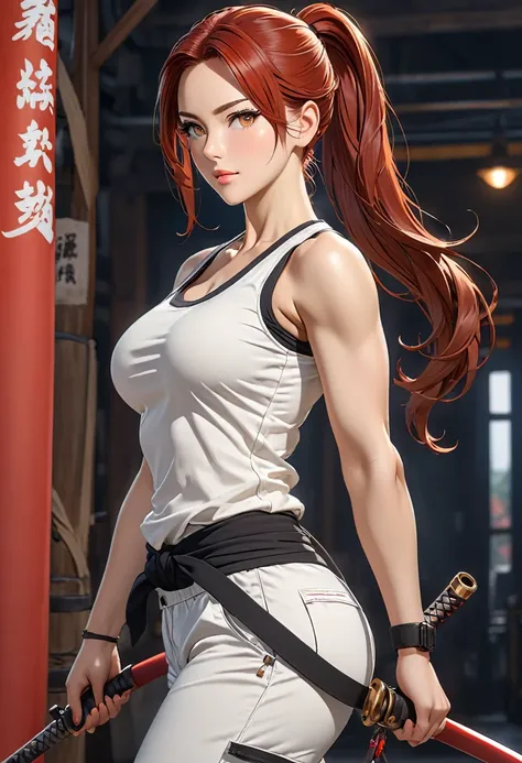 ((best quality)), ((artwork)), ((extremely detailed face)), ((perfect lighting)), ((extremely detailed CG)), ((perfect hands, perfect anatomy)) Appearance= pale; ((hazel color eyes)); long red hair, often tied in a ponytail; sharp jawline; tall, athletic, ...