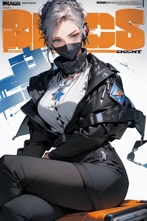 (Magazine Cover:1.3),Urzan-6500, (Realistic: 1.3) (original: 1.2), masterpiece, Highest quality, Beautiful and clean face, whole body, 1 Female, (Wearing a black, white and cobalt sci-fi tech mask and headphones with complex electronics), Wearing a black t...