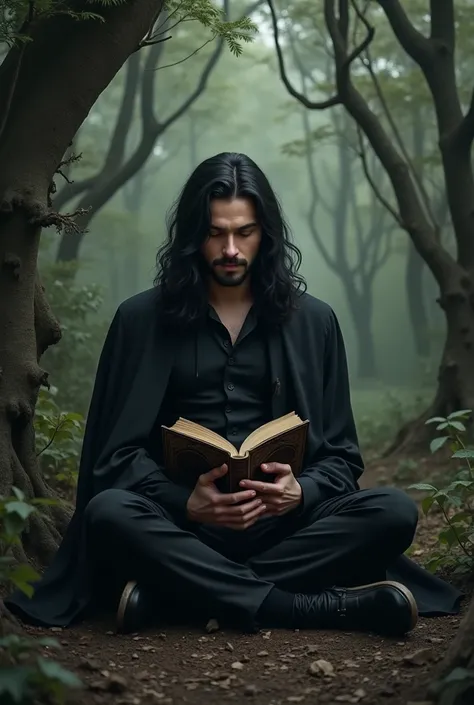 caucasian man, flowing black hair, elegant black clothes, dark forest behind, holding a book, sitdown on the floor.