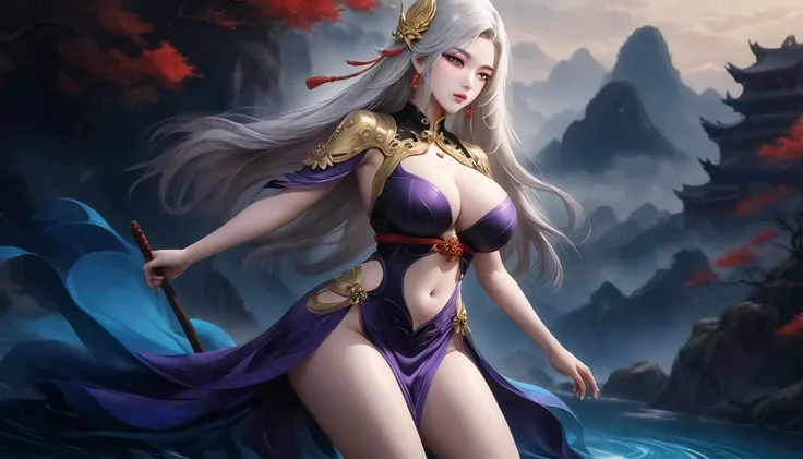 high quality,HD,16K,Sharp Line,1 Girl,fantasy, （Fire Spirits）,Pretty Face, Large Breasts, Beautiful legs,In the water,Focus Girl,detailed Pretty Face,Detailed clothes,beautiful eyes,Cool,Sexy,Dynamic Angle,穿着华服的神明Strike a pose拍照, Ancient mysterious sexy go...