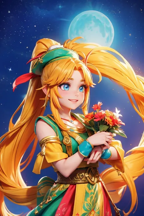 an animated character. a cute face girl, in the fantasy town, warm tone color , colourful long ponytail hair, haft body,  mythology clothing greek style, gorgeous hat, flowers vine, wise colorful eyes, fantsy sky, full of flowers, shining star, Happy face ...