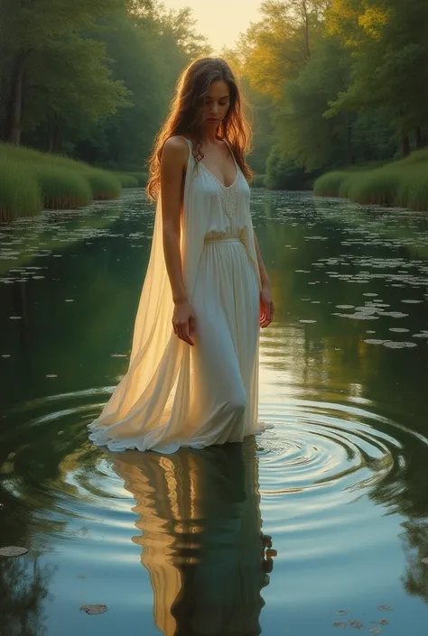  oil painting, evening Pond, beutifull landscape, reflection in Walter, a beautiful water nymph wearing a loose tunic, the bottom of which spreads on the surface of the water,  detailed, Masterpieces,