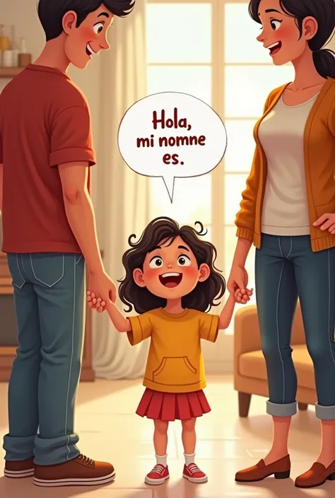 a little drawing of a girl telling her mom,dad, and older sister to say “hola, mi nombre es” in a talk bubble