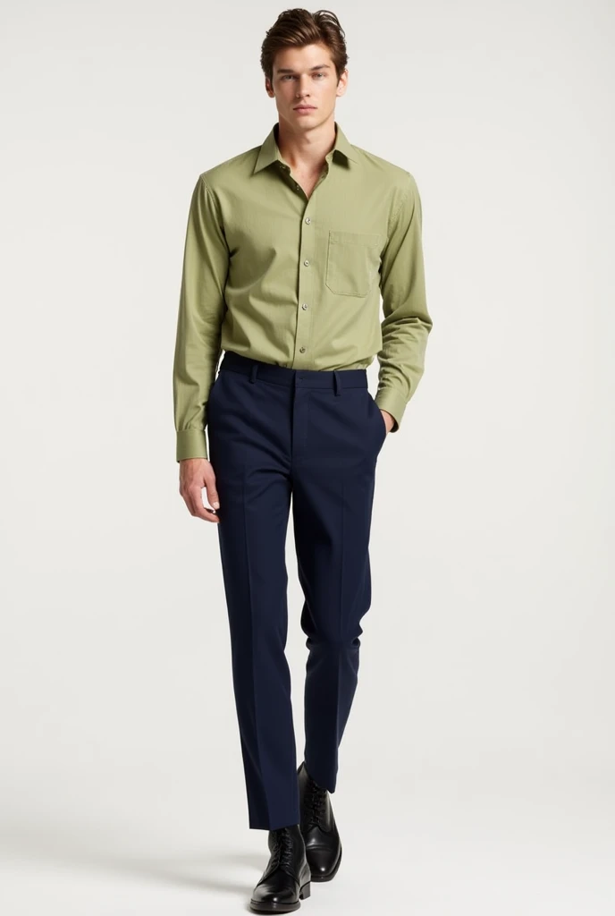 Pear colour shirt 
Navy bule pant 
Black shoes 