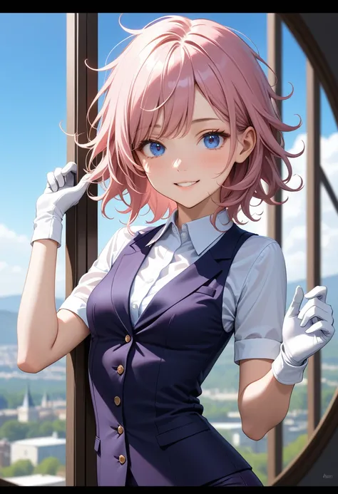 insanely detailed, absurdress, extra high resolution, Ultra-detailed, Best Quality,
((Only one girl)), A girl, pink hair, very short hair, Messy hair, blue eyes, open smile, (((very small breasts))), ((mage)), tight purple dress shirt, purple tight pants, ...