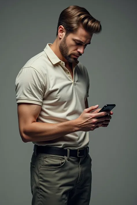 Man holding cell phone with one hand and fiddling with his belt with the other hand