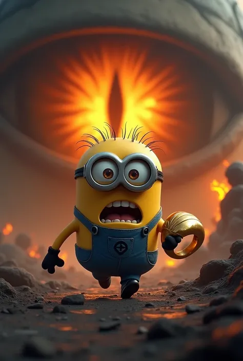 a photorealistic image of a Minion from Despicable Me, holding the One Ring in one hand and running in panic through a dramatic, dark landscape. The Minions expression should show sheer terror as it flees. Behind the Minion, depict a large, fiery eye with ...