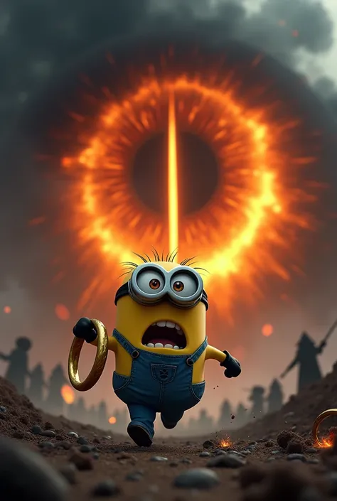 a photorealistic image of a Minion from Despicable Me, holding the One Ring in one hand and running in panic through a dramatic, dark landscape. The Minions expression should show sheer terror as it flees. Behind the Minion, depict a large, fiery eye with ...