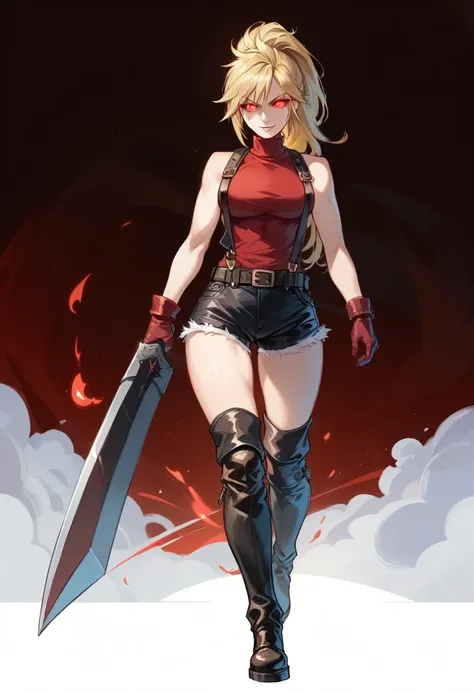 (masterpiece, best quality:1.2), red glowing eyes, red eyes, the eyes are red, perfect face, highres, 1 girl, solo, ultra long ponytail, (female:1.5), strife, blonde hair, shoulder armor, sleeveless turtleneck, suspenders, belt, gloves, bracer, evil smile,...