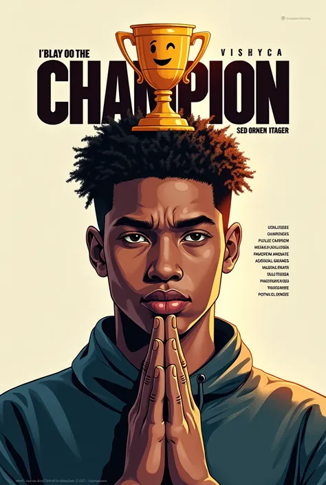 Create an ep cover title champion using a boy with a focused face and a praying hand style with the word champion and an emoji of trophy above his head, the tracks of the ep are 
Intro (worri)
Hold me 
No squad 
Bossed up
Aza man 
OG (original guy).    And...