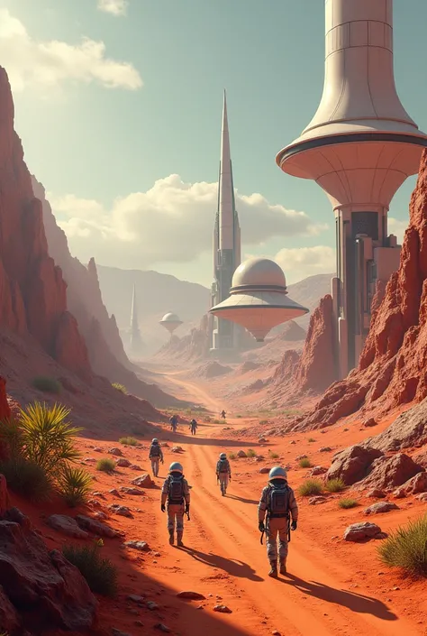 Living on Mars, futuristic buildings and vehicles, martian landscape, alien plants and animals, astronauts, spaceships