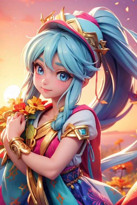 an animated character. a cute face girl, wise colorful eyes, fantasy town, pastel color , colourful long ponytail hair, haft body,  mythology clothing greek style, gorgeous hat, flowers vine, fantsy sky, shining star, Happy face feeling, sunset mood and to...